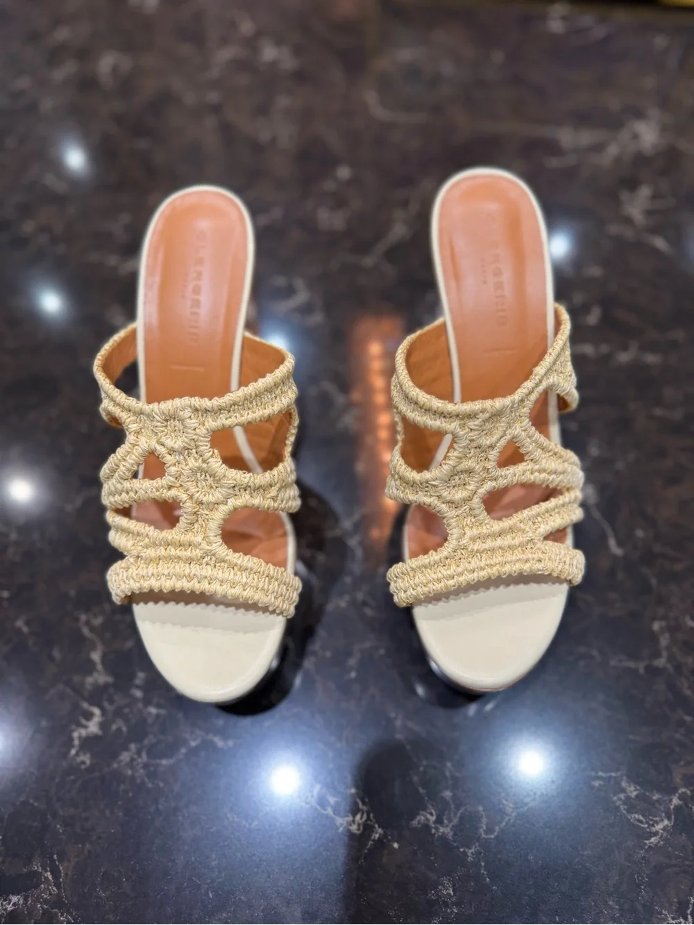 Clergerie Braided Natural Raffia Platform Slide with Floral Wood Wedge
